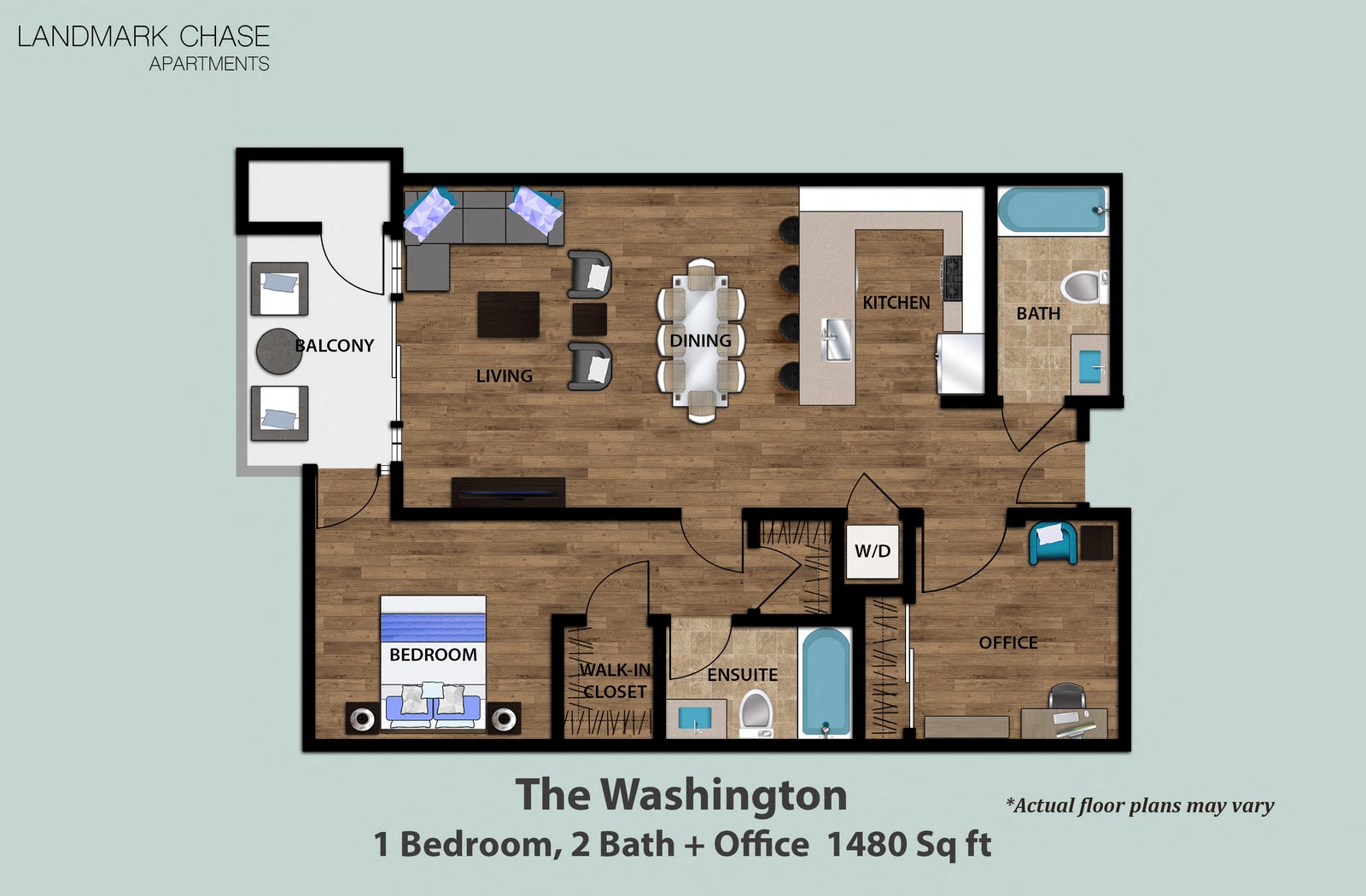 Floor plan for 1 bed, 2 baths, 1100 sqft
